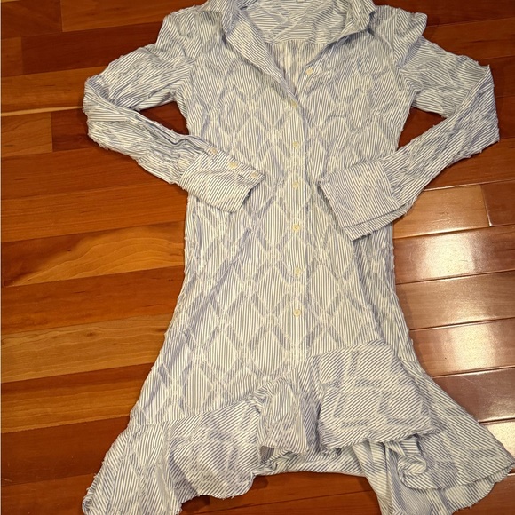 10 Derek Lam Light Blue Patterned Stripe Long Sleeve Dress - Picture 3 of 9
